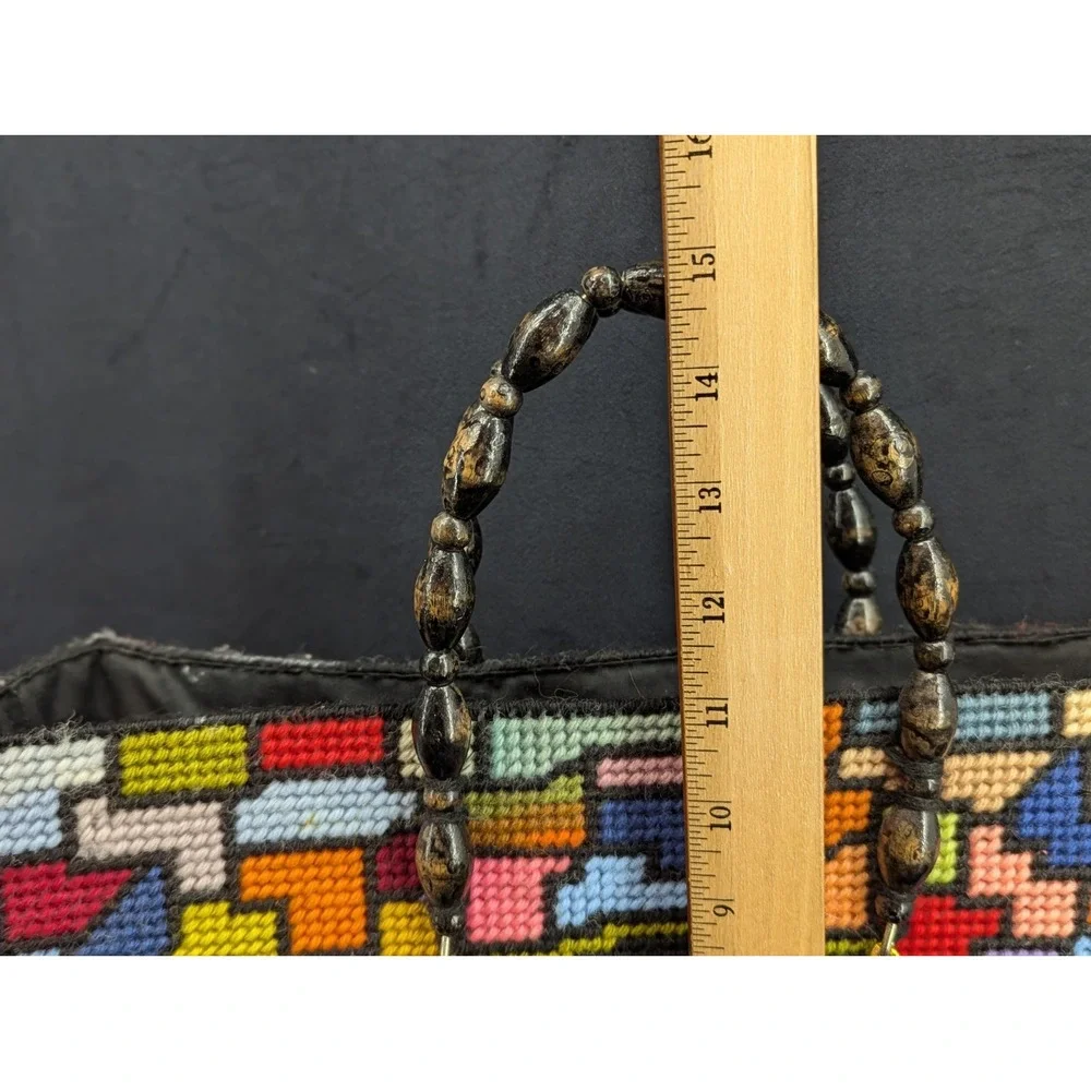 VTG Handmade Plastic Canvas Bead Handle Purse Tote Roses Geometric Shapes NM